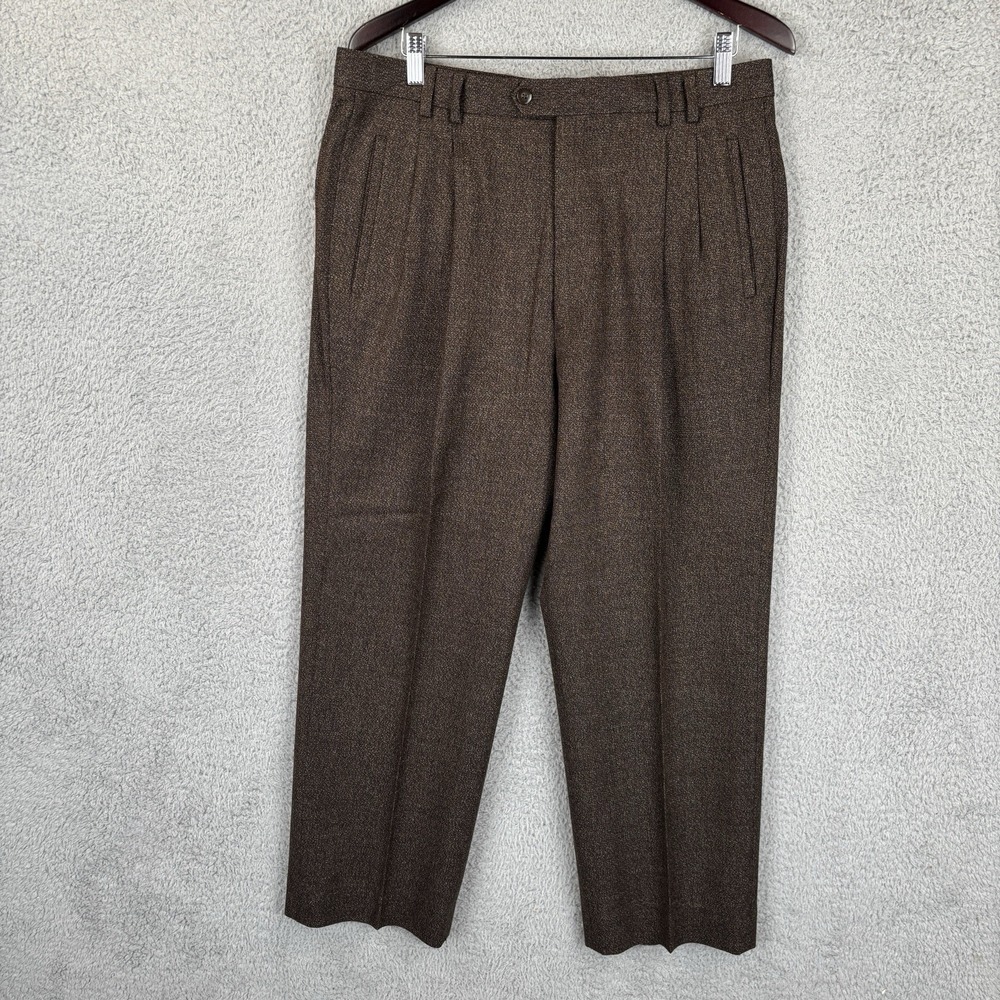 St Croix Dress Pants Mens 35x28 Brown Tweed Pleated Trousers Cashmere Wool Italy